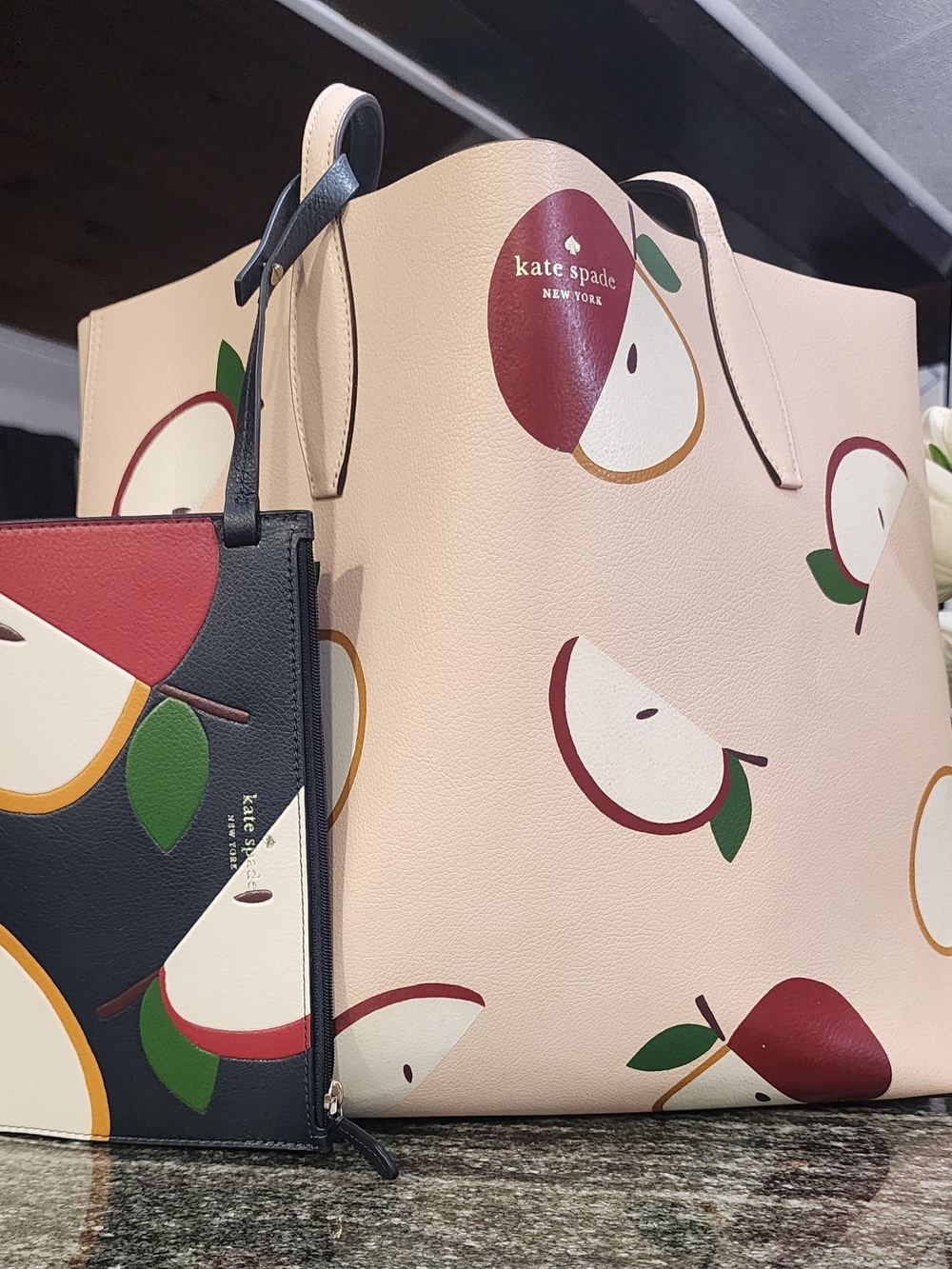 kate spade Reversible Novelty Pink Apple Print Tote With Removeable Pouch